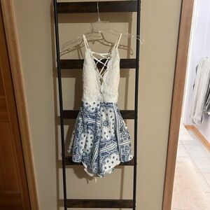 White Lace and Blue Paisley Romper